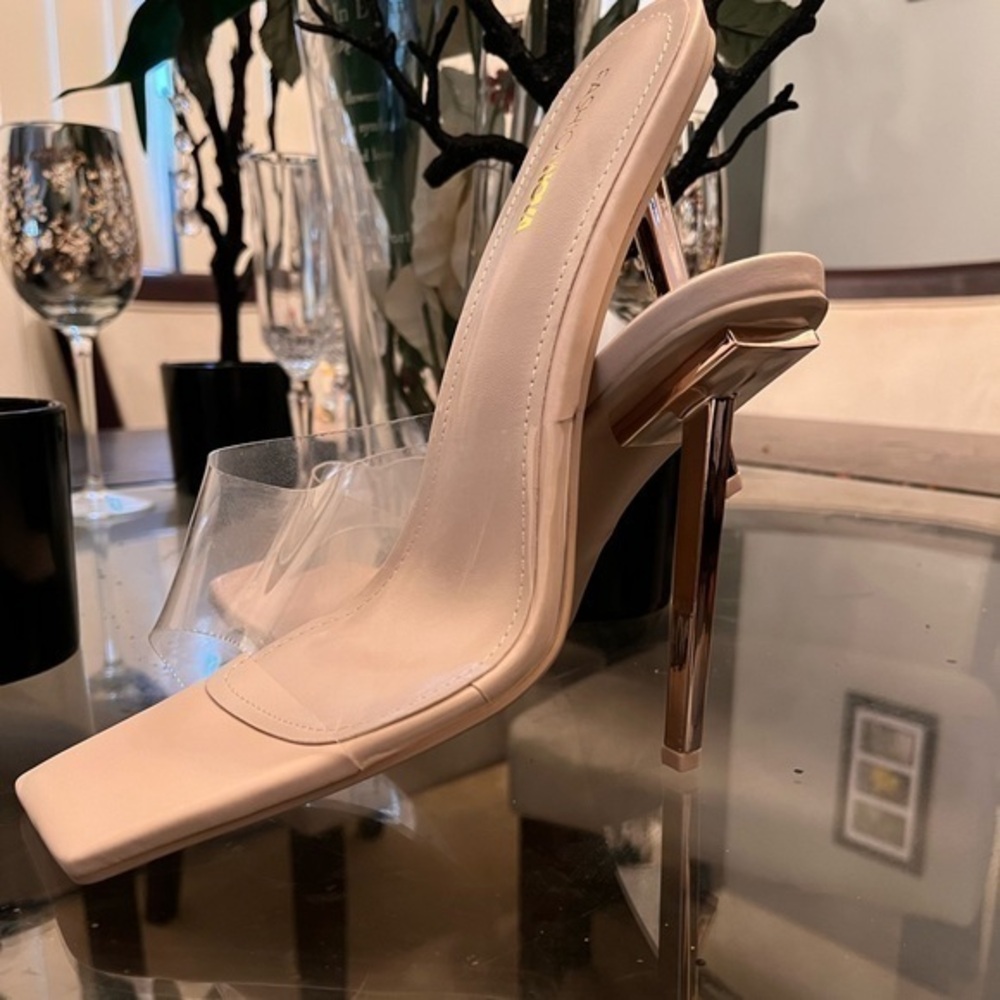 Square Toe Clear PVC Nude Sandal Heels Mule